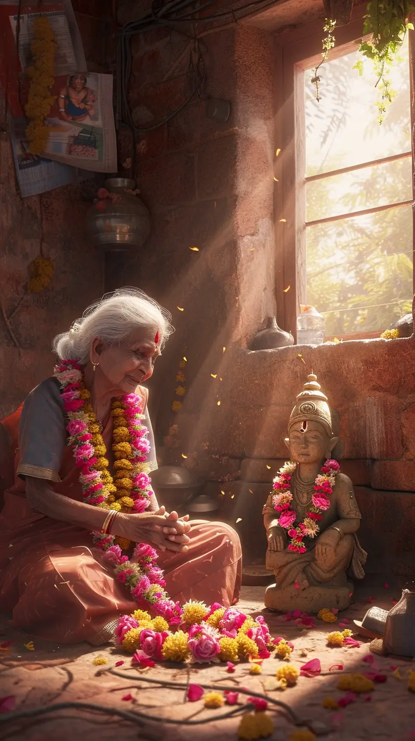 Vibrant decorations and offerings at Saraswati Puja celebration, symbolizing wisdom and knowledge.