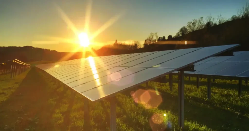 Rows of shiny, blue solar panels tilted at an angle in a large solar farm, set against a clear sky to maximize energy absorption from the sun.