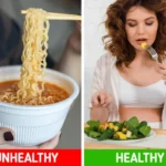 Infographic showing the association between instant noodle consumption and increased health risks, including heart disease and metabolic syndrome.