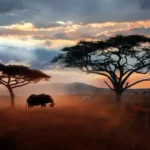 A majestic African elephant grazing on the savannah grasslands.