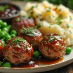 Close-up of golden-brown Italian meatballs served on a platter garnished with fresh herbs.