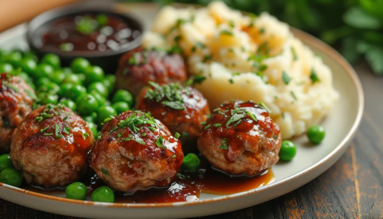Close-up of golden-brown Italian meatballs served on a platter garnished with fresh herbs.