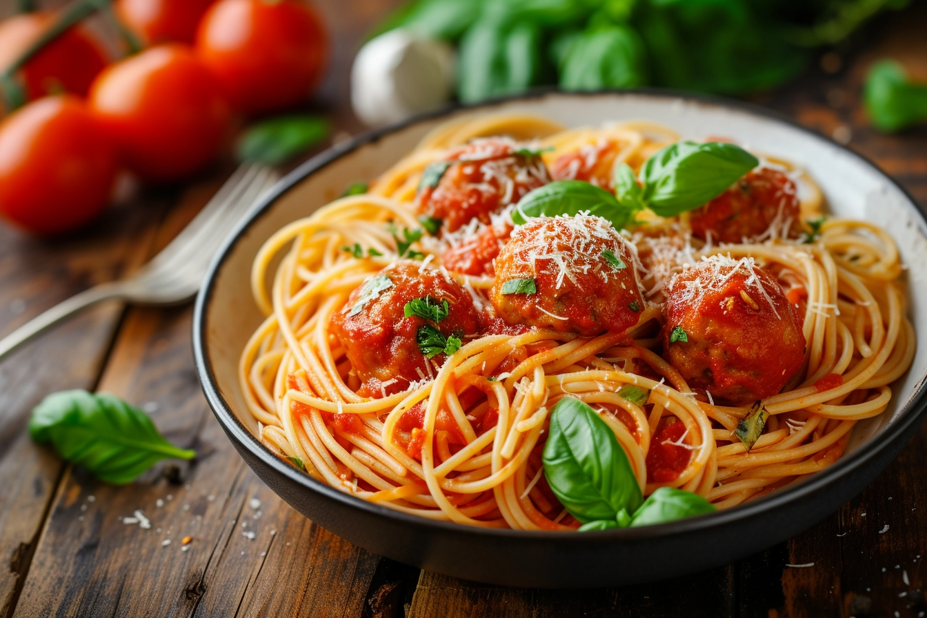 Plated Italian meatballs served atop a bed of spaghetti with marinara sauce and grated Parmesan cheese.