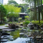 Panoramic shot of cascading fountains and symmetrical pathways in the garden.