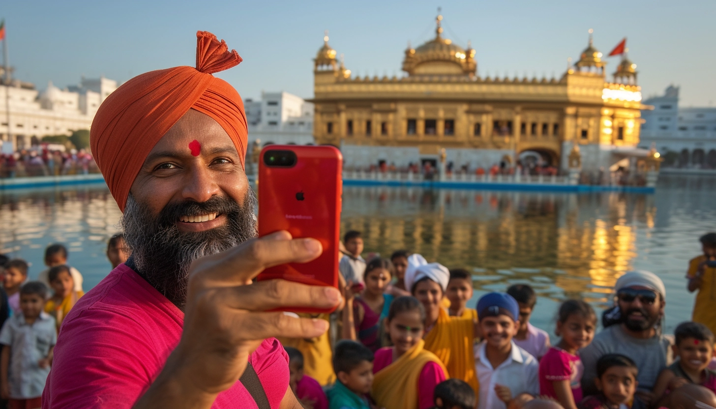 Sikh devotees engaged in seva, serving meals in the Langar Hall of the Golden Temple complex