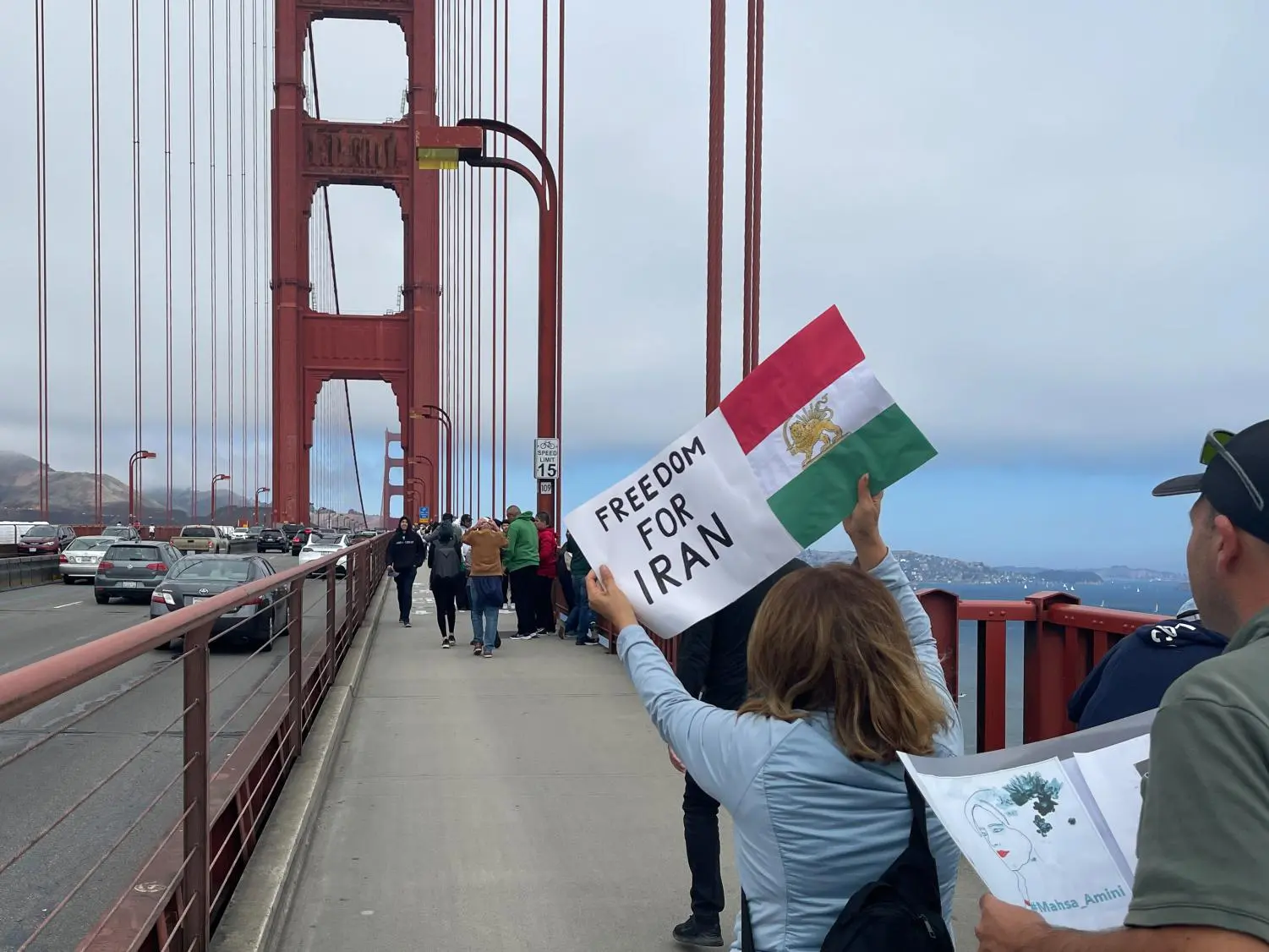 Crowds gathered at the bridge entrance chanting for peace in Gaza