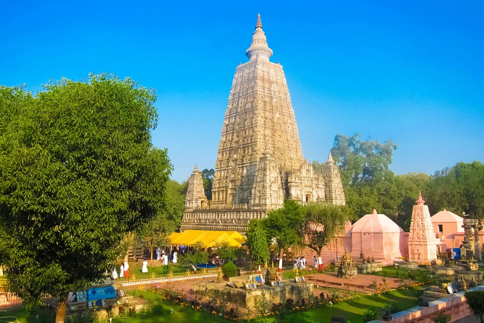 Devotees celebrating Buddha Purnima, also known as Vesak, in Bodhgaya with colorful processions and the lighting of lamps.