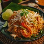 A close-up image of a vibrant bowl of Som Tam, Thai Papaya Salad, showcasing shredded green papaya, cherry tomatoes, green beans, peanuts, and fresh herbs, drizzled with a tangy dressing and garnished with chili peppers.