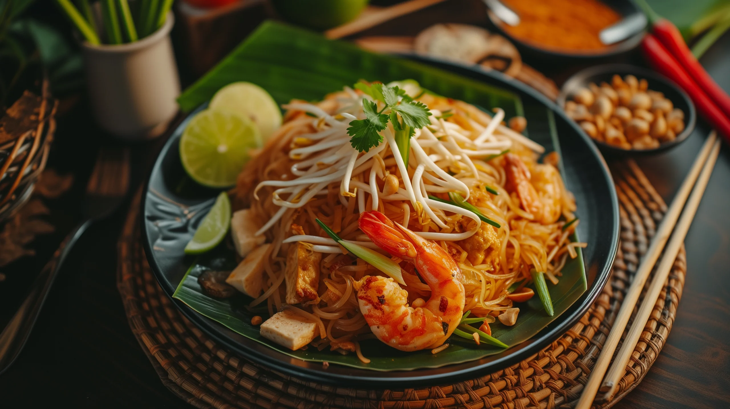 A close-up image of a vibrant bowl of Som Tam, Thai Papaya Salad, showcasing shredded green papaya, cherry tomatoes, green beans, peanuts, and fresh herbs, drizzled with a tangy dressing and garnished with chili peppers.