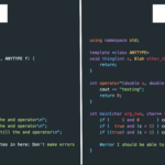 C++ programming language logo with code snippets in the background