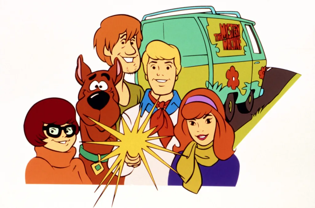 Scooby-Doo eating a Scooby Snack while the gang discusses the mystery.