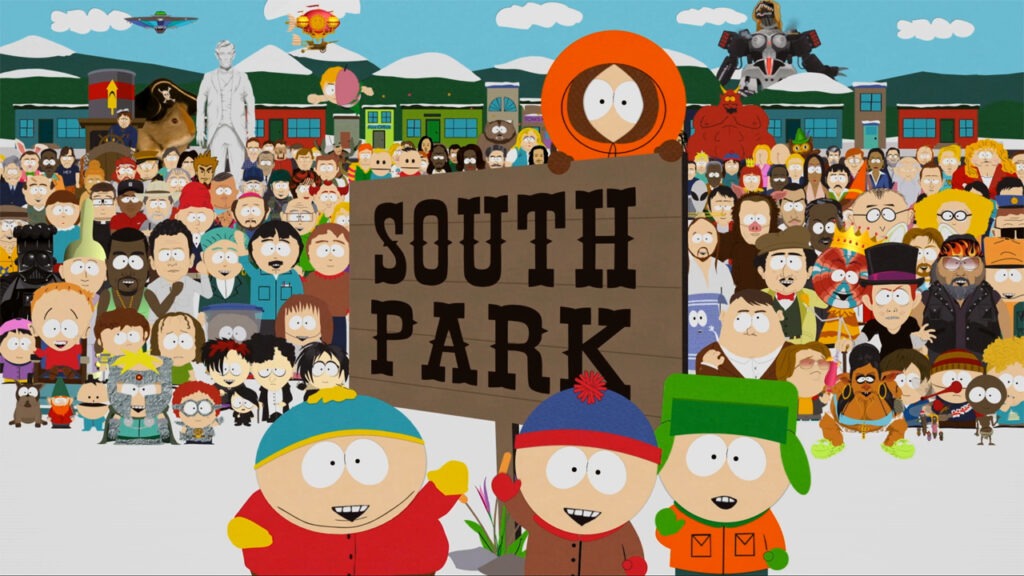 South Park characters Stan, Kyle, Cartman, and Kenny standing together.