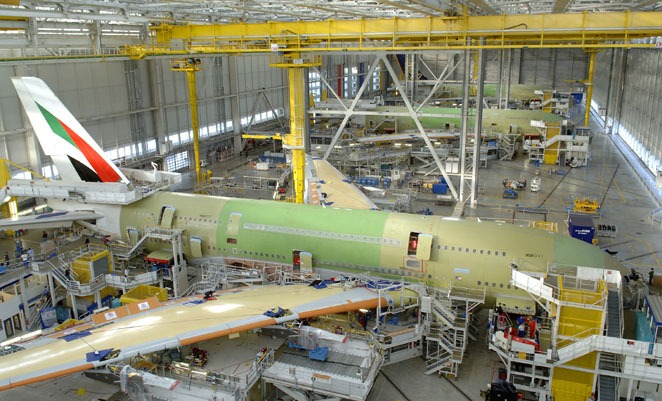 Engineers working on Airbus A380 components at Jean-Luc Lagardère Plant 